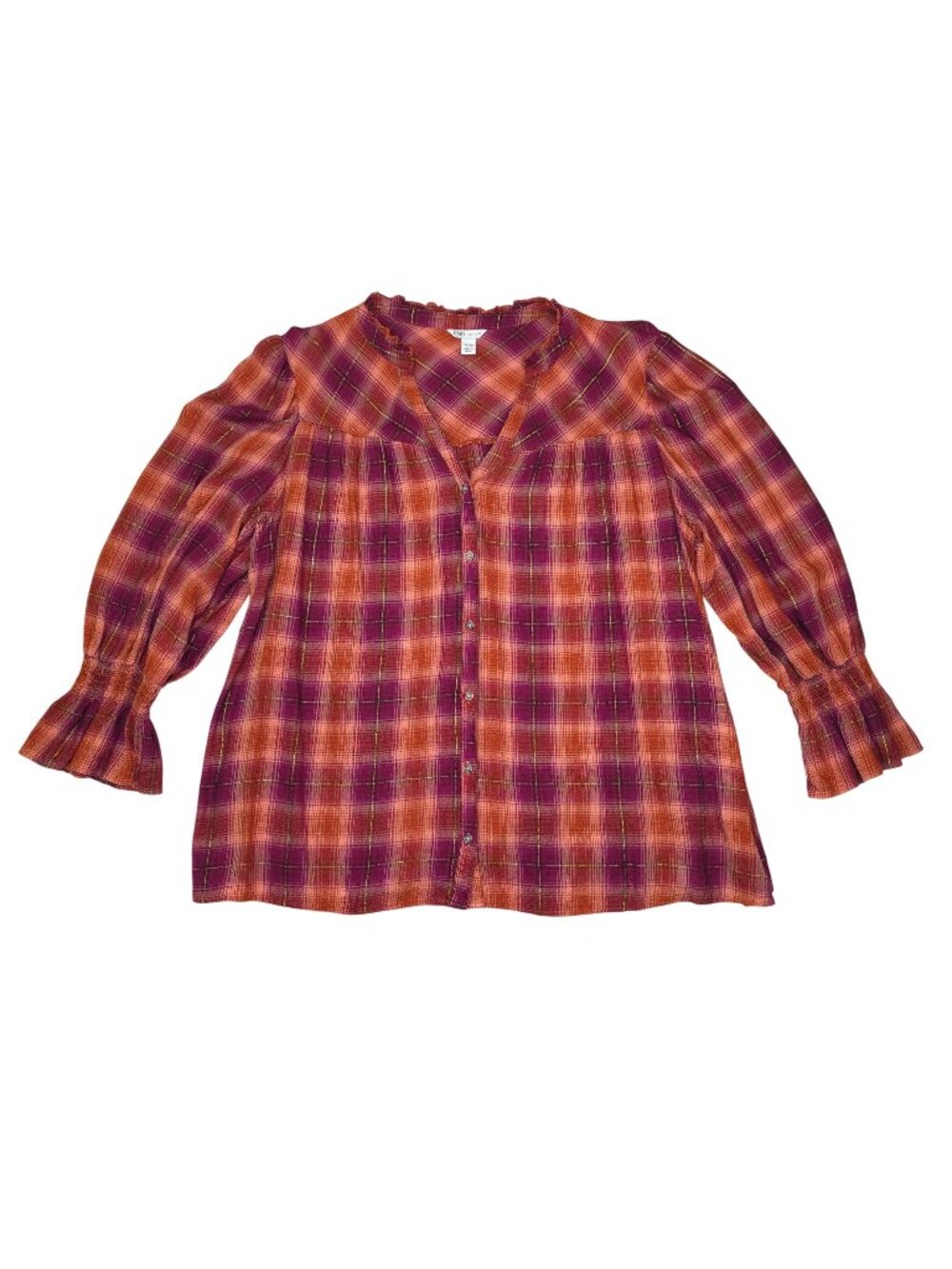 Cato Womens Plaid Button-Down Shirt With Ruffle Trim 18/20W Rayon Blend Blouse